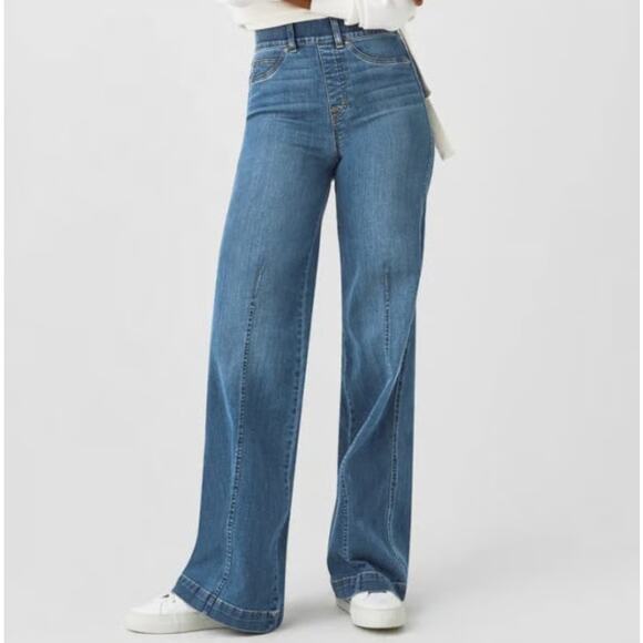 XS NWT Spanx Seamed Front Wide Leg Jeans Vintage Indigo High Rise Denim Slimming - Picture 1 of 9